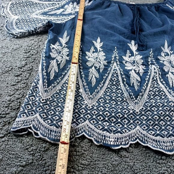 Sapphire Women XL Navy Blue Embroidered Cotton Boho Blouse Eyelet Scallop Hem - Picture 2 of 6
